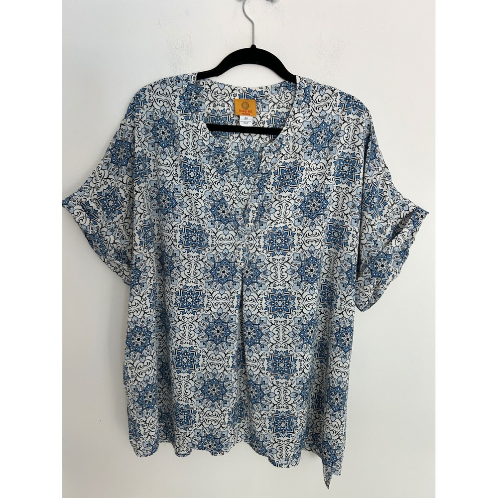 Ruby Rd Woman 3X Blue White Medallion Tile‎ Print V-Neck Short Sleeve Blouse Top